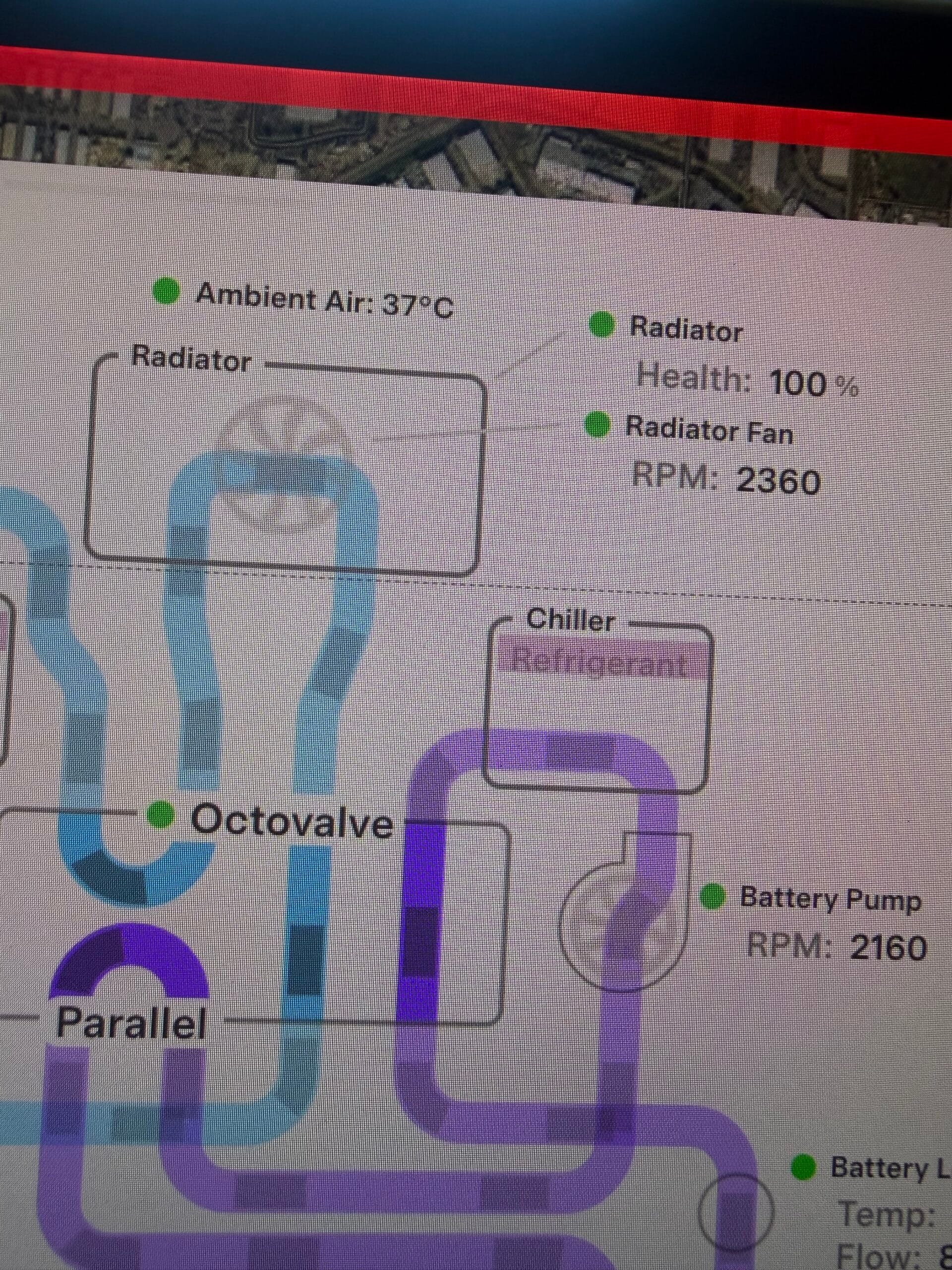 Tesla Service Mode showing Radiator Health 100% and fan RPM 2360 after condenser cleaning at AT Automotive Sacramento