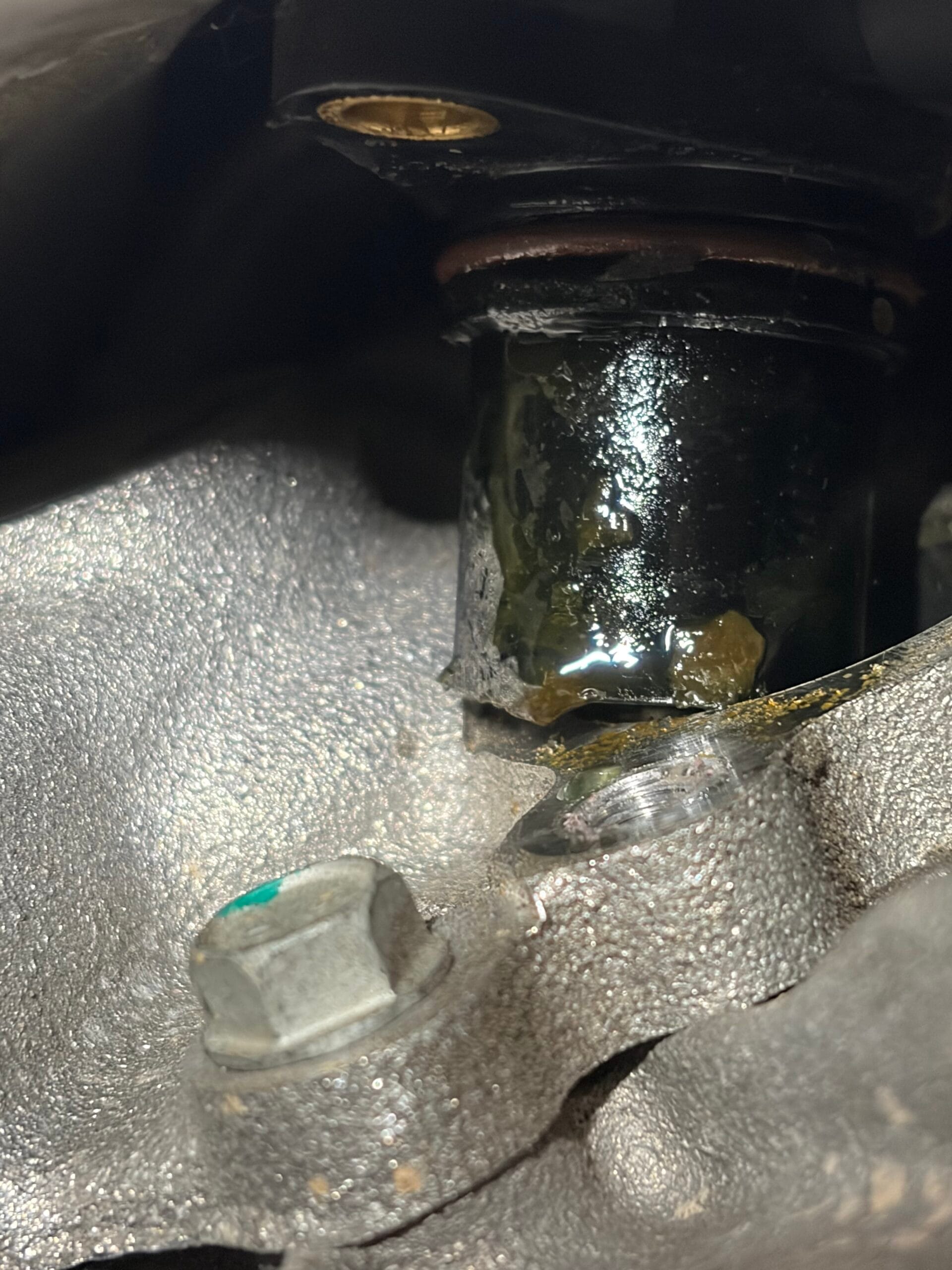 Active coolant leak at the Tesla LDU rotor shaft fitting — the failing seal allows coolant into the motor cavity