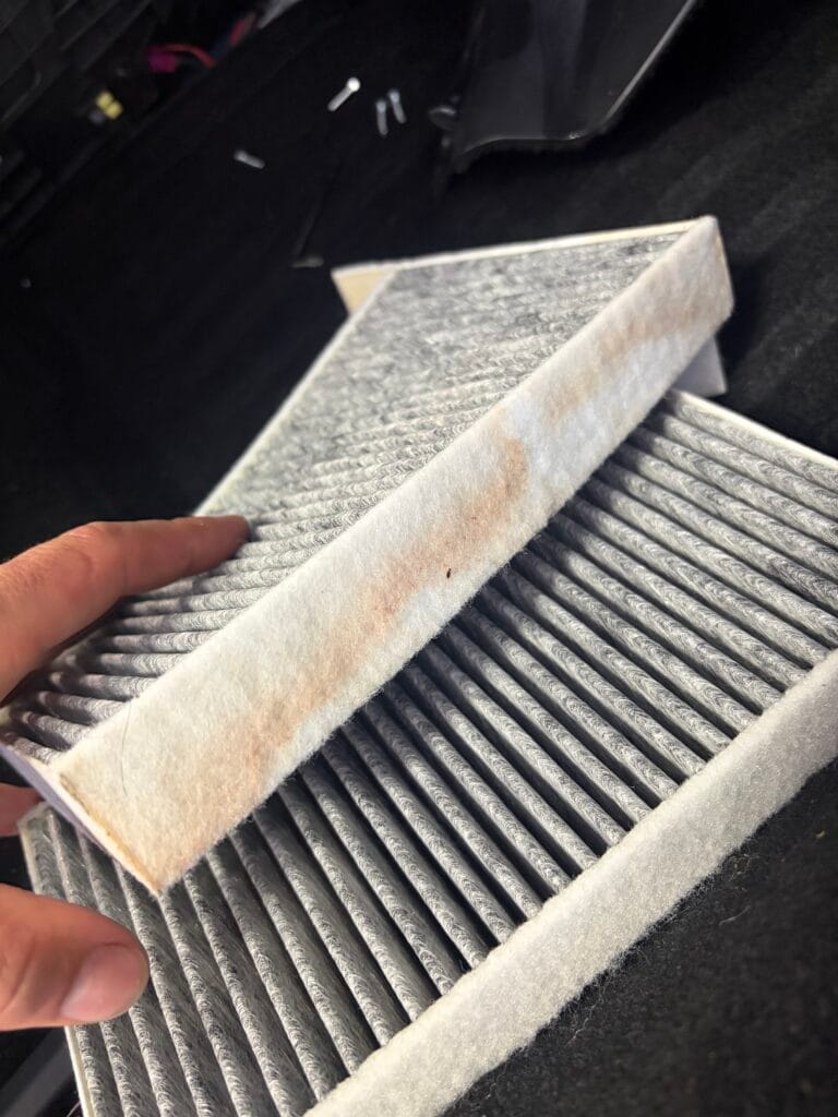 Kool-It evaporator foam cleaner with dirty Tesla cabin air filters